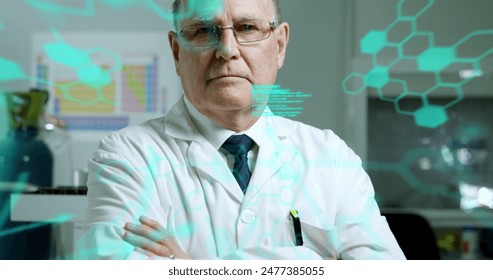 Image of medical data processing over caucasian senior male scientist smiling at laboratory. Medical research and science technology concept