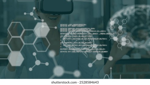Image of medical data processing over caucasian woman wearing vr headset at office. Medical research and business technology concept