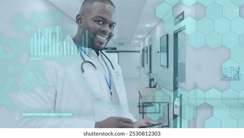 Image of medical data processing over african american male doctor. Global healthcare, science, medicine, research, computing and data processing concept digitally generated image.