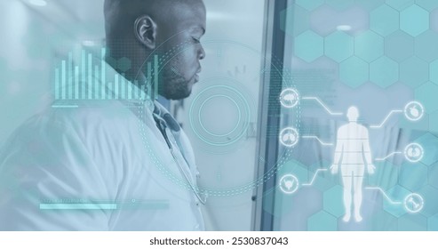 Image of medical data processing over african american male doctor. Global healthcare, science, medicine, research, computing and data processing concept digitally generated image.