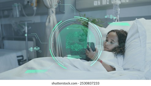 Image of medical data processing over biracial girl patient. Global healthcare, science, medicine, research and data processing concept digitally generated image.
