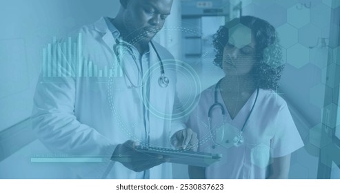 Image of medical data processing over diverse doctors. Global healthcare, science, medicine, research, computing and data processing concept digitally generated image. - Powered by Shutterstock - Get 15% off with code: PIKWIZARD15