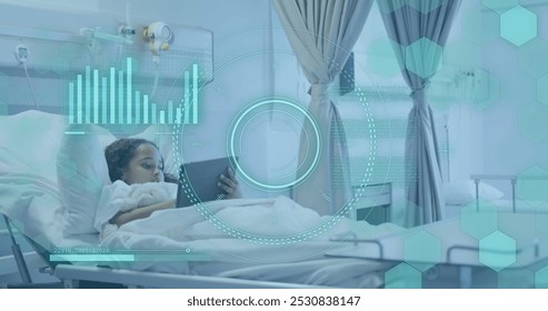Image of medical data processing over biracial girl patient. Global healthcare, science, medicine, research, computing and data processing concept digitally generated image.
