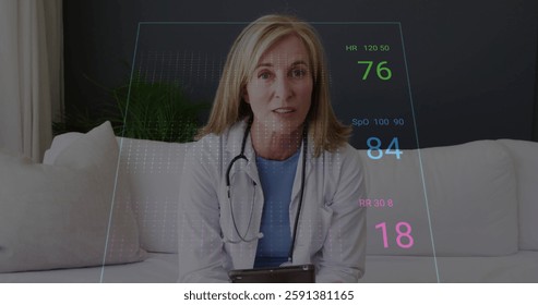 Image of medical data processing over caucasian female doctor. Global medicine, connections, computing and data processing concept digitally generated image.