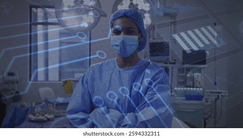 Image of medical data processing over biracial female surgeon in face mask. Global medicine, connections, computing and data processing concept digitally generated image.