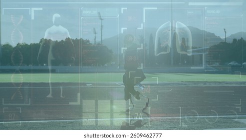 Image of medical data processing over disabled male athlete with running blades on racing track. global sports, disability and technology concept digitally generated image.