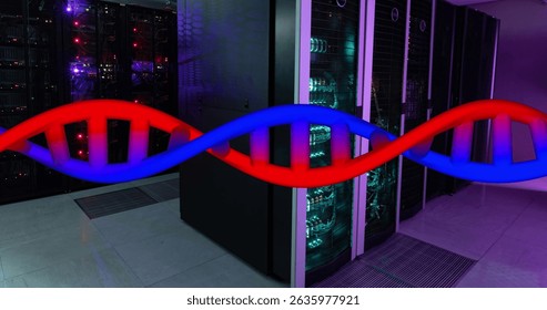 Image of medical data processing over server room. Global medicine, technology, data processing and digital interface concept digitally generated image.