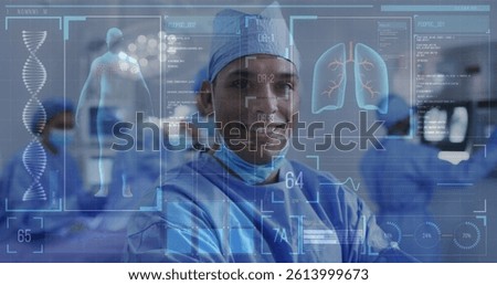 Image of medical data processing over smiling male surgeon in operating theatre. medicine and healthcare services concept digitally generated image.