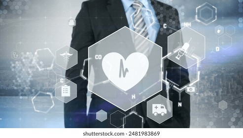 Image of medical icons and chemical formula with data processing over businessman. Global technology, science and digital interface concept digitally generated image. - Powered by Shutterstock - Get 15% off with code: PIKWIZARD15