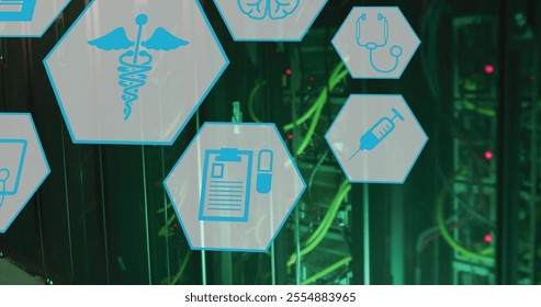 Image of medical icons and data processing over computer servers. Global medicine, connections, computing and data processing concept digitally generated image. - Powered by Shutterstock