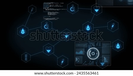 Image of medical icons and data processing on black background. Global medicine and digital interface concept digitally generated image.