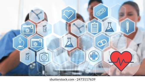 Image of medical icons over diverse doctors talking. Global medicine and digital interface concept digitally generated image. - Powered by Shutterstock - Get 15% off with code: PIKWIZARD15
