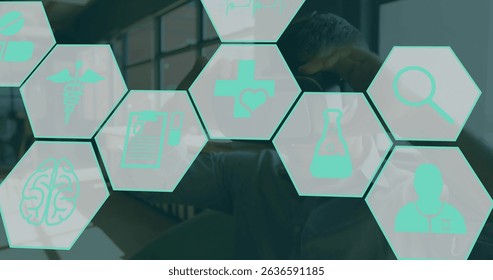 Image of medical icons over men using vr headset. Global science, connections, data processing and digital interface concept digitally generated image.