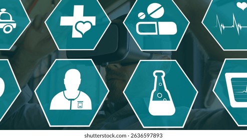 Image of medical icons over men using vr headset. Global science, connections, data processing and digital interface concept digitally generated image.