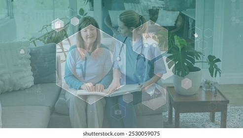 Image of medical icons over senior caucasian woman and female doctor reading braille. medical and healthcare services concept digitally generated image. - Powered by Shutterstock