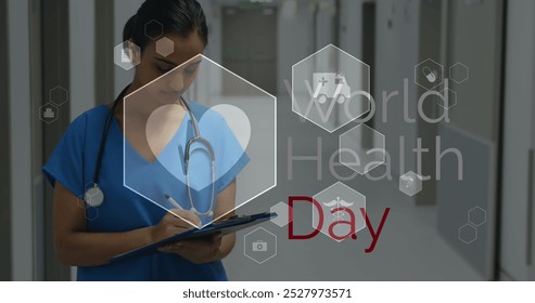 Image of medical icons and world health day text over biracial female doctor. Global medicine, healthcare and digital interface concept digitally generated image.