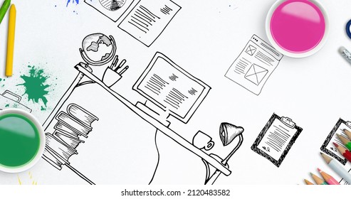 Image of memo note with copy space over pencils and paints and desk drawing. national clean your desk day concept digitally generated image.