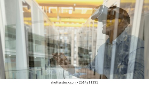 Image of men using vr headset over server room. global connections, business, digital interface, technology and networking concept digitally generated image.