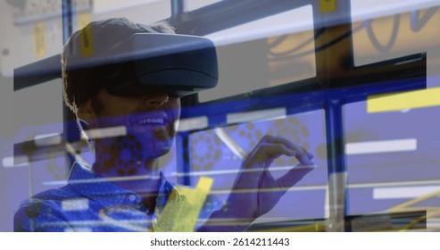 Image of men using vr headset over server room. global connections, business, digital interface, technology and networking concept digitally generated image.