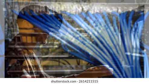 Image of men using vr headset over server room. global connections, business, digital interface, technology and networking concept digitally generated image.