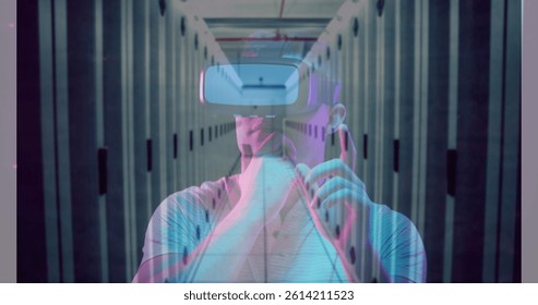 Image of men using vr headset over server room. global connections, business, digital interface, technology and networking concept digitally generated image.