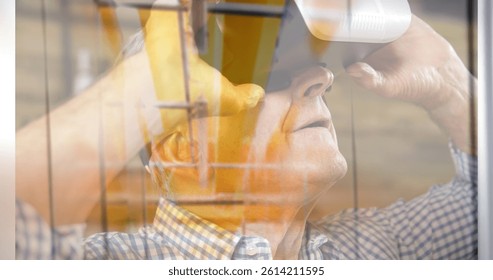 Image of men using vr headset over server room. global connections, business, digital interface, technology and networking concept digitally generated image.