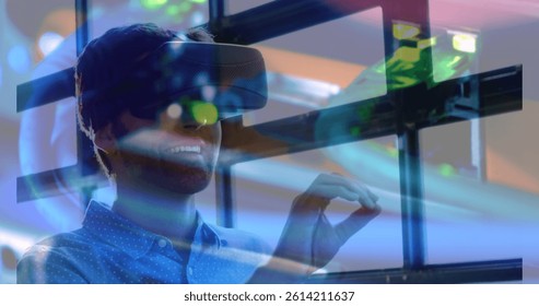 Image of men using vr headset over server room. global connections, business, digital interface, technology and networking concept digitally generated image.