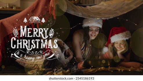 Image of merry christmas over happy caucasian mother and kids using tablet in santa hats. Christmas, tradition, celebration and family time concept digitally generated image. - Powered by Shutterstock