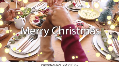 Image of merry christmas text over diverse senior friends at christmas dinner at home. Chirstmas, celebration and tradition concept digitally generated image. - Powered by Shutterstock