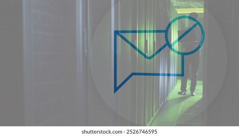 Image message block icon against asian male engineer using laptop at computer server room. Cyber security and business data storage technology concept