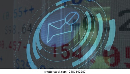 Image of message block icon on round scanner, stock market data processing against server room. Cyber security and business data storage technology concept