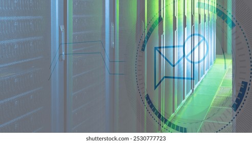 Image of message block icon on round scanner against computer server room. Cyber security and business data storage technology concept
