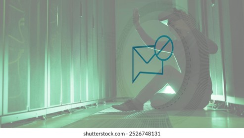 Image of message block icon over asian male engineer wearing vr headset at server room. Cyber security and business data storage technology concept