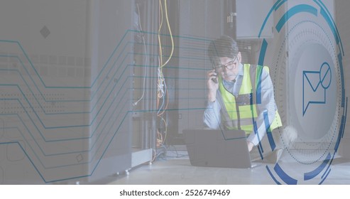 Image of message block icon over talking on smartphone at server room. Cyber security and business data storage technology concept