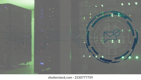 Image of message block icon over round scanner against computer server room. Cyber security and business data storage technology concept