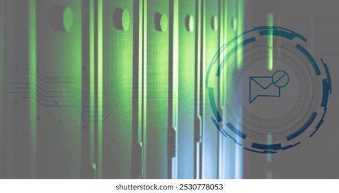 Image of message block icon over round scanner against computer server room. Cyber security and business data storage technology concept
