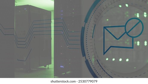 Image of message block icon over round scanner against computer server room. Cyber security and business data storage technology concept