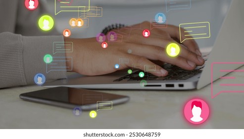 Image of message boxes and profile icons, cropped hands of caucasian woman working on laptop. Digital composite, multiple exposure, speech bubble, business and technology concept. - Powered by Shutterstock