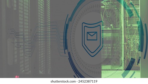 Image of message icon in circle over data server systems. Digital composite, network security, networking, technology, data centre and network server concept.