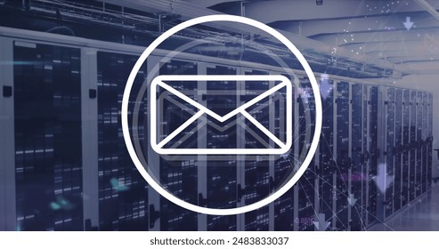 Image of message icon and mosaic squares against computer server room. Computer interface and business data storage technology concept