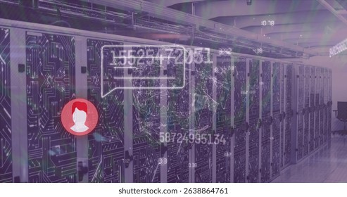 Image of message and numbers over servers. Network, computers, social media, data processing and technology concept digitally generated image.