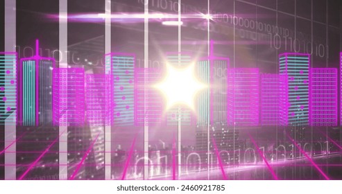 Image of metaverse city over digital screen with diverse data. Digital interface, data processing and technology concept digitally generated image.