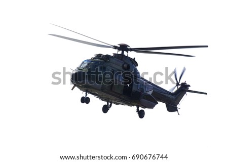 Image of military helicopter ready to fly, isolated on white background