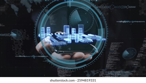 Image of model of computing board with hand over data processing. Global technology and digital interface concept digitally generated image.