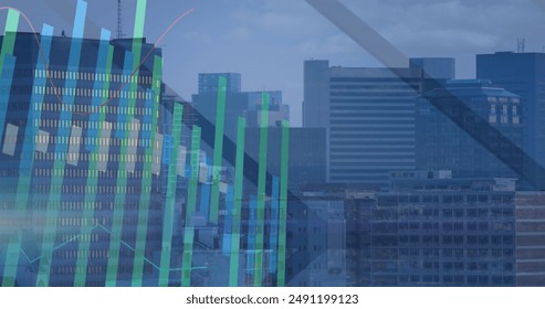 Image of modern buildings and data processing over cityscape. The image represents global business, finances, connections, and digital interface concept