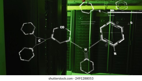 Image of molecule structures and computer language over illuminated server room. Digital composite, multiple exposure, coding, science, networking, technology and network server concept.