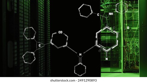 Image of molecule structures over illuminated server room in background. Digital composite, multiple exposure, coding, science, networking, technology and network server concept.