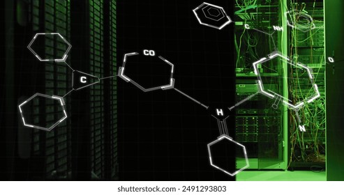 Image of molecule structures over illuminated server room in background. Digital composite, multiple exposure, coding, science, networking, technology and network server concept.