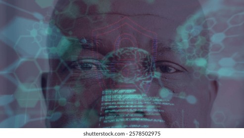 Image of molecules with brain and data processing over african american man. Global technology, connections, computing and digital interface concept digitally generated image.
