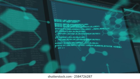 Image of molecules with digital brain over data processing on black background. Global science, connections and digital interface concept digitally generated image.